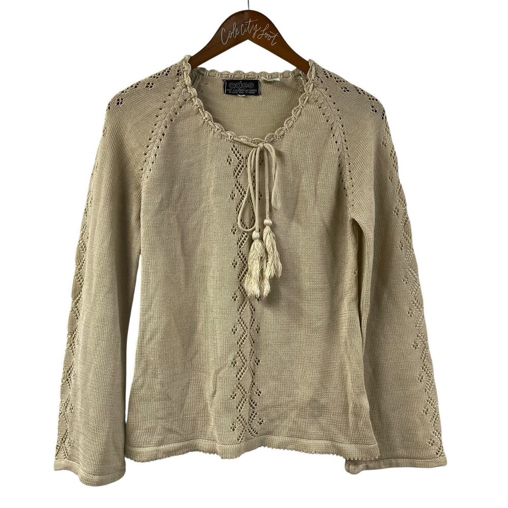 Ades Of California Vintage Crochet Knit Top Hippie Boho M Bell Sleeve Tassel